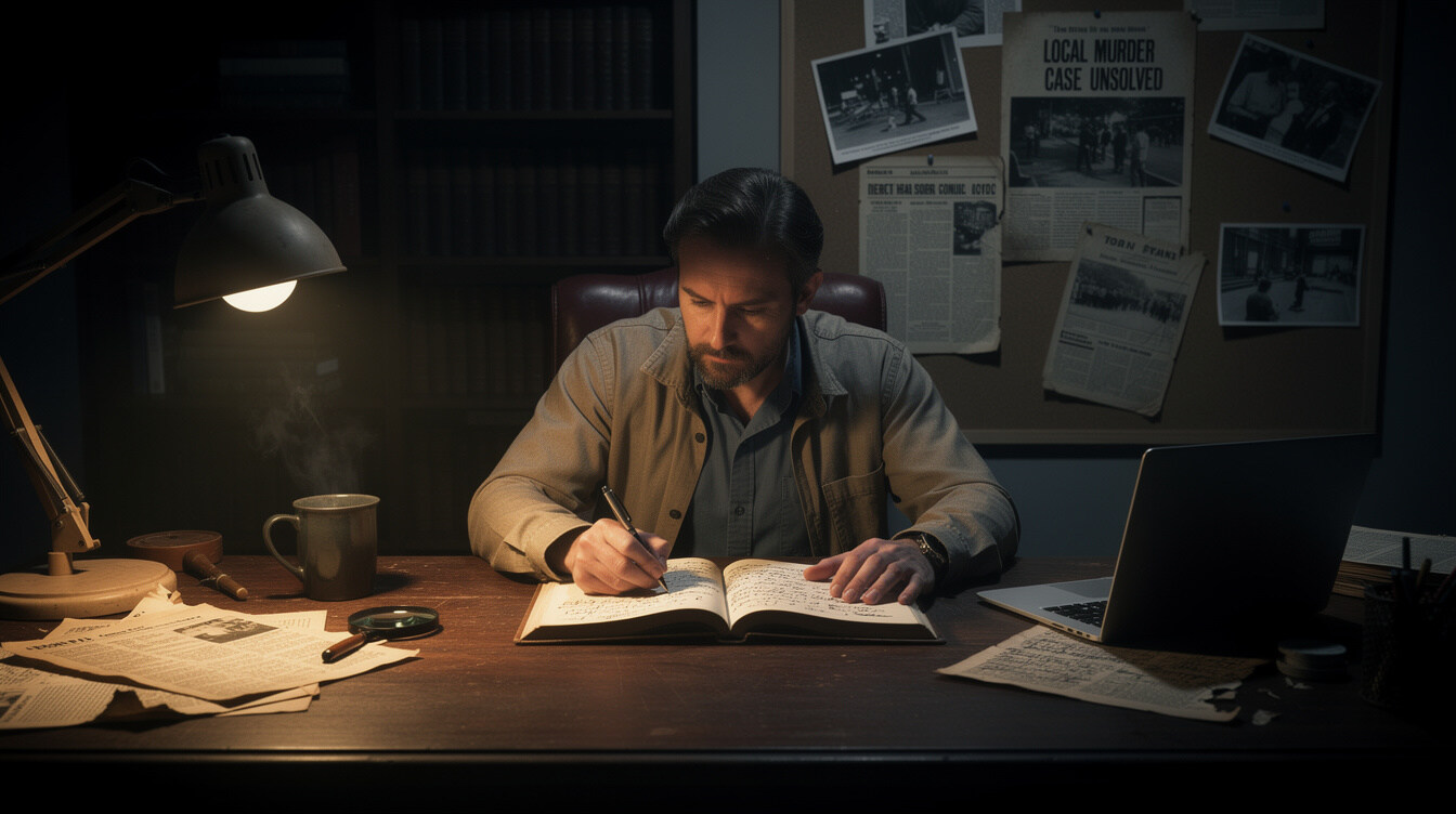 mystery writer at desk with notebook
