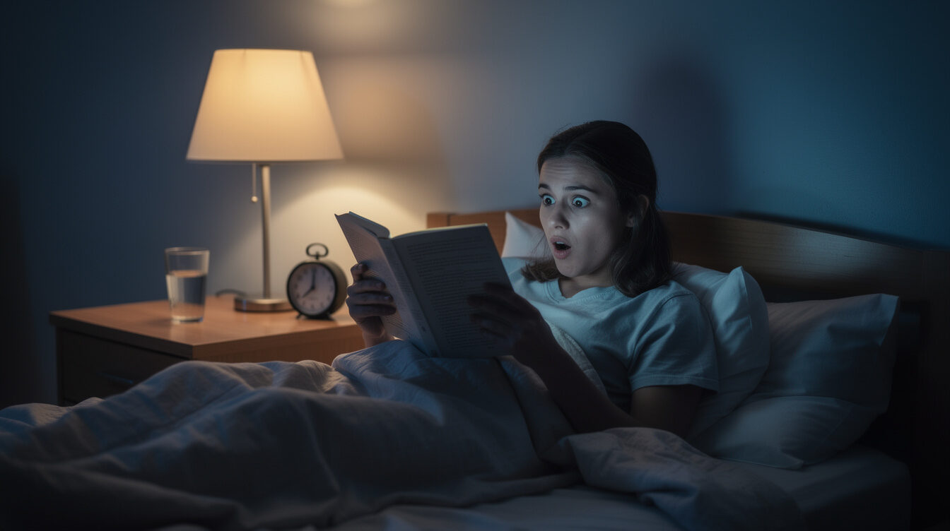 person reading mystery book at night